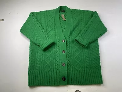 J CREW Cable Knit Stretch Wool Blend Oversize Green Cardigan Sweater BJ606 Large • $99.99