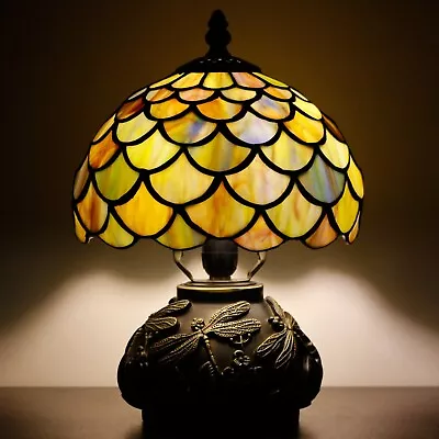 Small Tiffany Table Lamp Yellow Fish Scale Style Mini Stained Glass Desk Lamp • $115.59