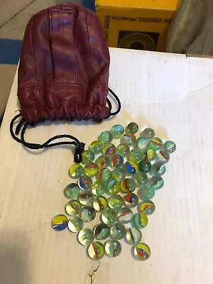 Lot Of (51) Vintage Estate Find Cat’s Eye Marbles In Drawstring Leather Pouch • $11.99