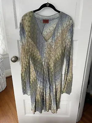 Missoni Gold/Grey/Aqua Chevron LongSleeve Knit Flare Vnk Dress Size Large • $75