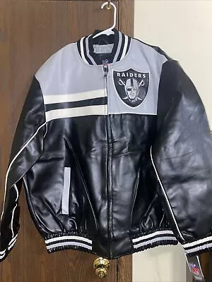 Vintage NFL Raiders Jacket Football Faux Leather Zip Up Black Size L - NEW • $290