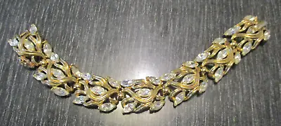 Vintage MidCentury Signed Crown Trifari Clear Rhinestone Gold Tone Leaf Bracelet • $49.99