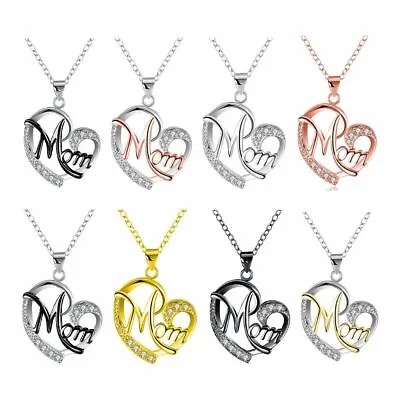 Women Silver Pendant Chain Necklaces Love Heart Mom Zircon Mum Mother's Day Gift • £3.99