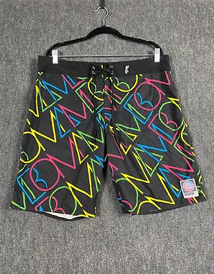Mambo Board Shorts Size 36 Large Black And Rainbow Colour Neon Spell Out • £11.38