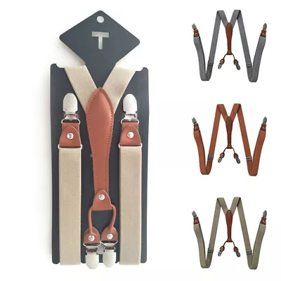 Y Back Trouser Braces Strap Belt Adjustable Leather Trimmed End Suspenders Adult • $7.97