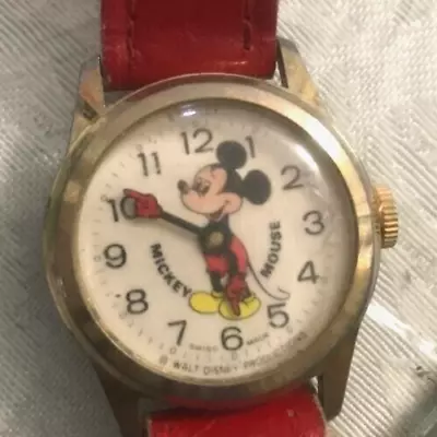 Vintage 1974 SWISS  Disney Mickey Mouse Manual Wind Men's Watch/ RED BAND • $36