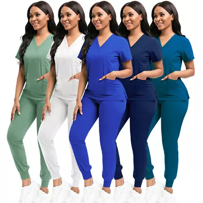 Fitted Sexy Stretch Jogger Scrub Set Women Nurse Scrub Uniform V-Neck Top Pant • $18.97