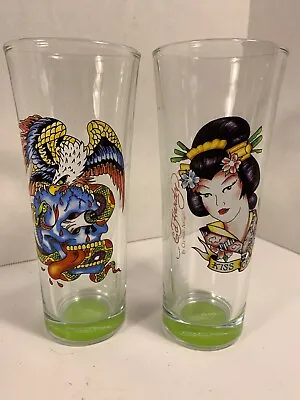 Two Ed Hardy Tall Glasses With Images • $12