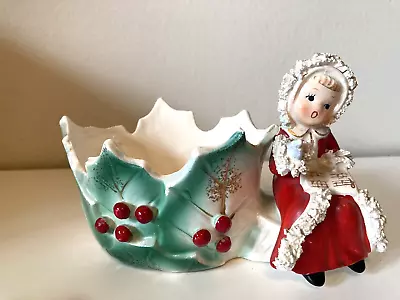 Napco Vtg Spaghetti Trim Christmas Ceramic Figurine Girl Holly Planter BX2280 • $125