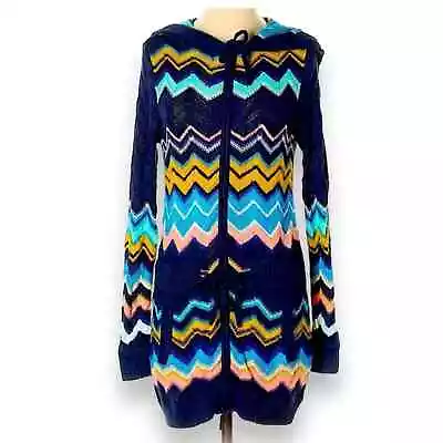 MISSONI For Target Women's Blue Chevron Zip Up Hooded Knit Cardigan  • $39.99