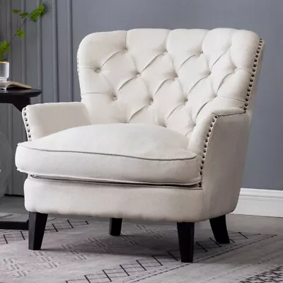 Queen Anne Buttoned Back Chesterfield Chair Linen Fabric Fireside Armchair Sofa • £229.95