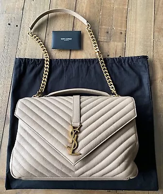 Saint Laurent College Large Quilted Leather Shoulder Bag Handbag Beige • £1400