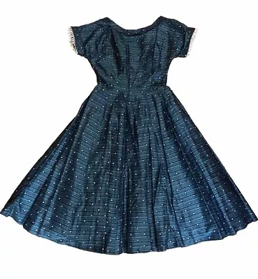 Sweet! VTG 50s  Dotted Blue Black Striped Party Dress Full Skirt Petticoat Sz 12 • $80