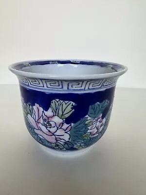 Vintage Ceramic Asian 4” X 4” Bowl Shaped Planter Flower Pot Blue Glazed W/Roses • $12.99