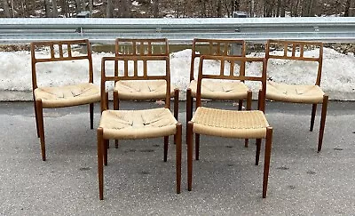 Vintage Set Of 6 Danish Modern  JL Moller Teak Dining Chairs Paper Cord Seat • $2997