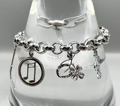 Charm Bracelet Sterling Silver 925 Music Hockey Clover Collectible 6.5  Chain • $16.96