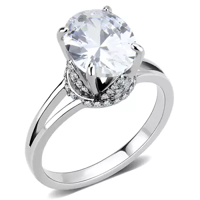 Ladies Solitaire Ring Oval 2.5 Carat Stainless Steel Cz Crown Setting New A314 • £19.99