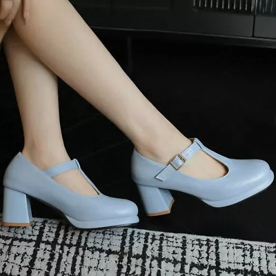 Spring Women's Shoes T-strap Round Toe Mary Jane Shoes High Chunky Heels 33-48 • $43.23