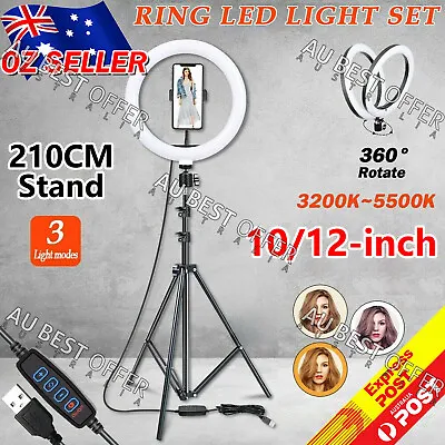 $20.95 • Buy 10/12 Inch Dimmable LED Ring Light +2.1M Tripod Stand Selfie Circle Lamp AUS