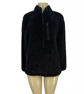 PINK Victoria Secret Small Black Half Zip Pullover Sherpa Sweatshirt Y12 • $35