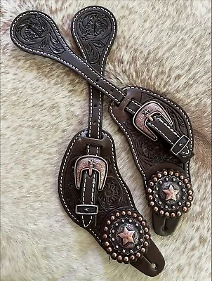 MENS Tooled Dark Oil Leather Western PAIR Of Spur Straps COPPER Star Hardware • $39.95