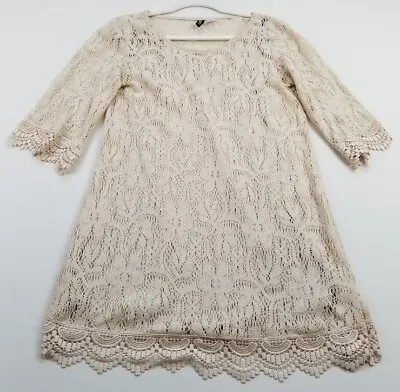 H&M Shift Dress Women’s 10 Beige Lace ¾ Sleeves Scoopneck Lined Romantic Boho • $16.99