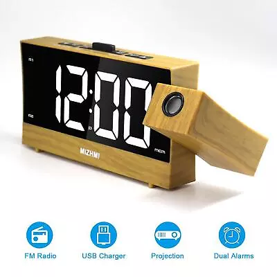 Alarm Clock Projection Dual Alarm LED FM Radio Living Room Wood Color • £19.98