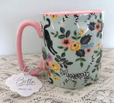 10 Strawberry Street Cat Mug Bella Black & Striped Flowers 16oz Pink Green NEW • $11.99