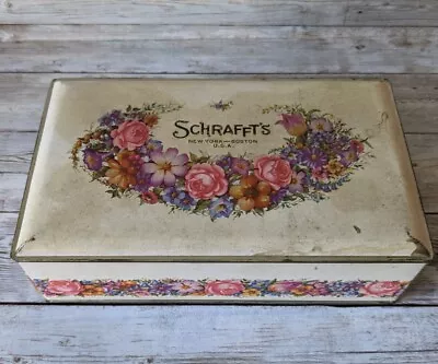 Vintage Schrafft's Chocolates Metal Hinged Candy Tin Box Floral Design-NY Boston • $19