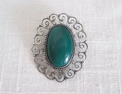 Vintage Mexico Sterling Silver Filigree And Green Onyx Pin ~ Artisan Signed EME • $40