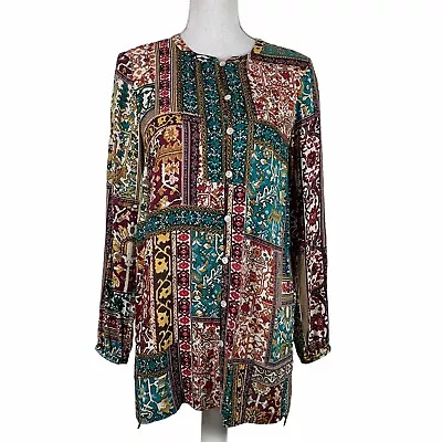 J Jill XS Tunic Blouse Button Front Multicolor Baroque Long Sleeve High Low Hem • $12.99