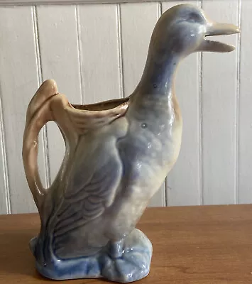 Pitcher Antique Majolica Blue & Tan Duck Pitcher With Cattail Handle • $25