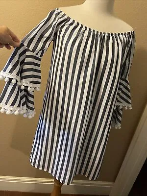 $18 • Buy Vava By Joy Han Blue/White Striped Bell Sleeve Off The Shoulder Dress S