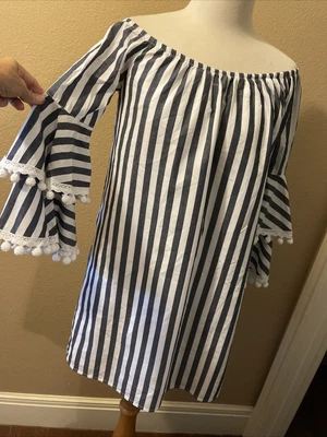 $18 • Buy Vava By Joy Han Blue/White Striped Bell Sleeve Off The Shoulder Dress S