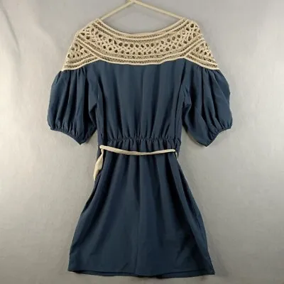 Esley Dress Womens Small Blue Ribbon Crochet Lace Boho Chic Flowy Cute • $12.99