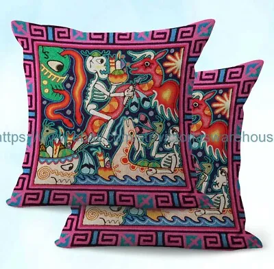 Set Of 2 Living Room Decor Huichol Mexican Tribal Artwork Cushion Cover • $25.89