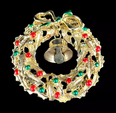 Christmas Wreath Jingle Bell Vintage Brooch Pin Estate Costume Jewelry Statement • $11.99