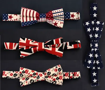 Pre Tied Cotton Bow Tie Union Jack American Flag Lips Stars Party Gift • £5.99