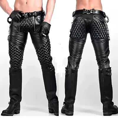 Men's Genuine Leather Black Quilted Pants Biker Trousers Leather Zipper Jeans • $121.87