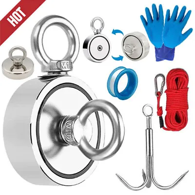 Up To 1500LBS Strong Fishing Magnet Kit Double Sided Pull Force & Rope Carabiner • $24.99