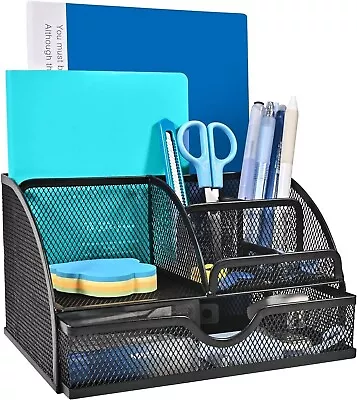 PEXATO Mesh Desk Organiser – Metal Desk Tidy & Pen Holder With 6 Compartments • £12.05