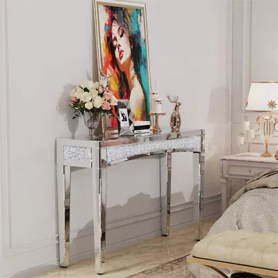 Diamond Mirrored Console Table Silver Entryway Long Accent Narrow Table Glass • $289.90