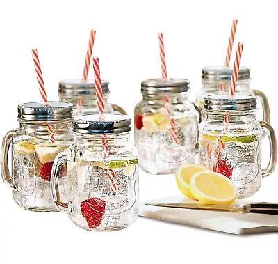 Mason Jar Mugs W/ Handles Drinking Glasses Set Of 6 With Lids And Straws 16 Oz • $37