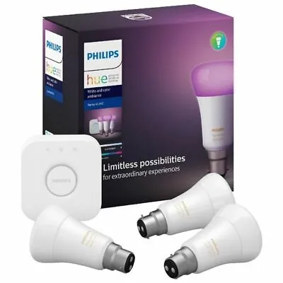 $164.95 • Buy Philips Hue B22 A60 Colour Bluetooth Starter Kit [2022] HUEWCA75WB22KITBT