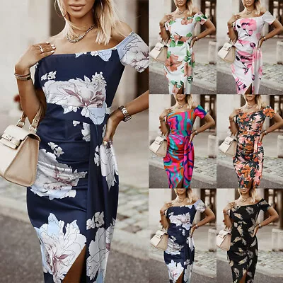 Women's Off Shoulder Floral Bodycon Dress Clubwear Evening Party Midi Dresses US • $26.69