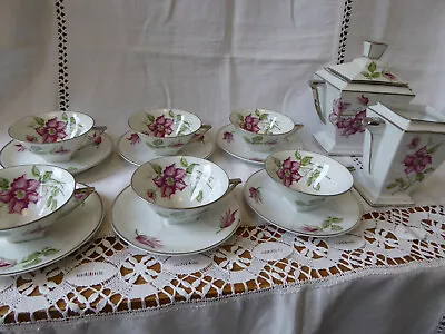 GORGEOUS ART DECO TEA / COFFEE SET Jean Boyer LIMOGES - FLOWERS CLEMATIS FLORAL • £85