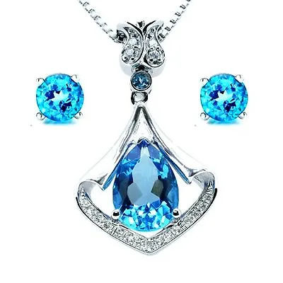 Mermaid Drop Sea Blue Topaz Pendant Necklace & Earring Set 925 Sterling Silver • $43.32