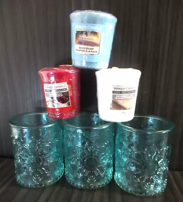 Set Of 3 Pretty Blue Glass Candle Holders And 3 Yankee Votives. • £12.99