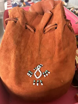 VINTAGE FRINGED DRAWSTRING LEATHER MARBLES POUCH WITH INDIAN FACE AND Marbles • $18.99