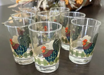 Lot Of 8 - Rooster Morn Juice Glasses By Julie Ingleman Green Tan • $35